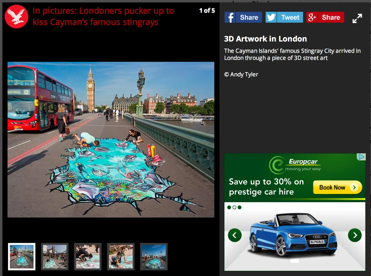 3D street art of Cayman Islands' Stingray City on a sidewalk in London, with people interacting with the art, Big Ben and London Eye in the background.