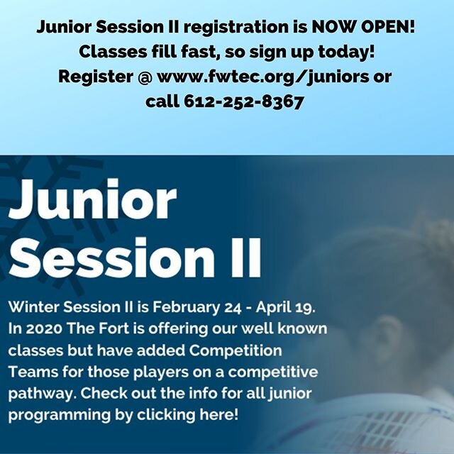 Juniors, R U registered for Session II? Classes begin February 24.Sign up 2day thru ClubAuto or call 612-252-8367. Visit www.fwtec.org/juniors for more info.