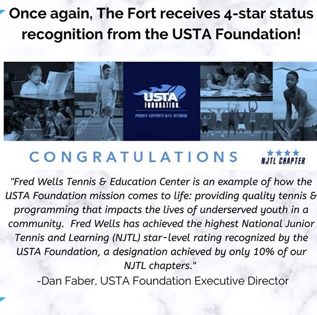 The Fort is excited to have our 4-star NJTL Chapter rating renewed by the USTA Foundation!