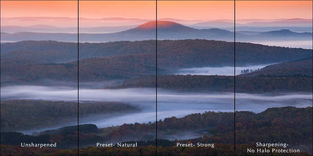 Comparison of different modes at 100%. On the right, notice the prominent halos around every ridge. Next block to the left, halos are almost eliminated, but the image is still very sharp. Left of that, the haloing is gone, and the image is much sharper than the unsharpened image. Here is the image file if you want to view 100% on your own device, the web resizes these things sometimes. 
