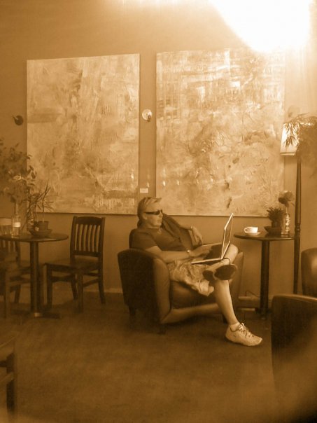  Scotty at his favourite coffee joint in Vancouver - 2007 - sitting by two of his abstracts. 