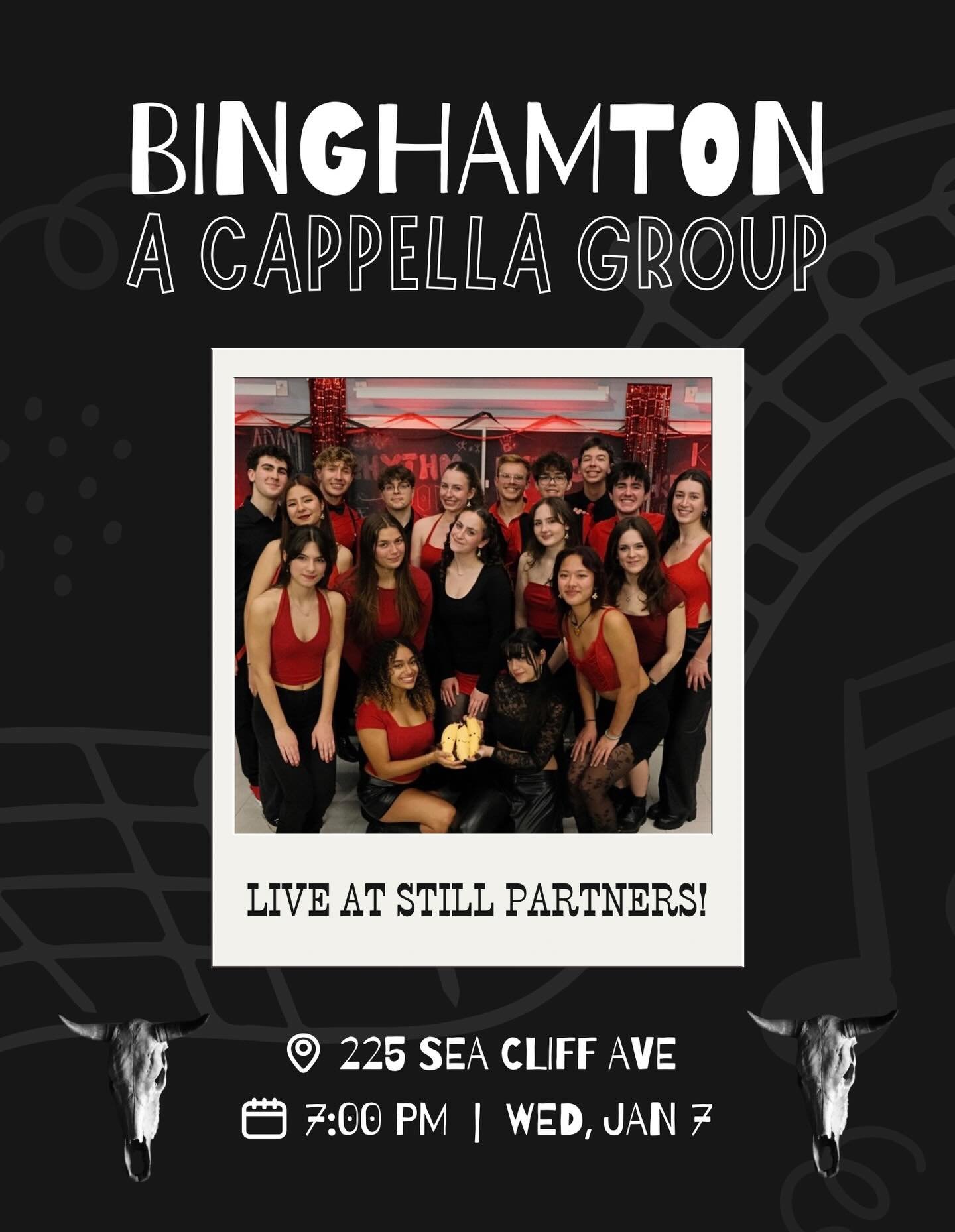Join us for a special music night at Still Partners!
The Binghamton A Cappella group takes the stage Wednesday, January 7 at 7pm 🎶

If you love Pitch Perfect, you won&rsquo;t want to miss this.
Bring the whole family!

#acappella #acappellagroup #st