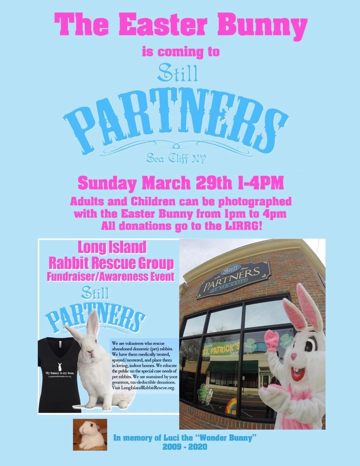 SUNDAY, MARCH 29 | 1&ndash;4 PM 

Photos with the Easter Bunny at Still Partners (Sea Cliff, NY) 📸 Stop by for a photo and support Long Island Rabbit Rescue Group🐰

All donations go to helping bunnies in need. Bring the kids, bring your friends, an