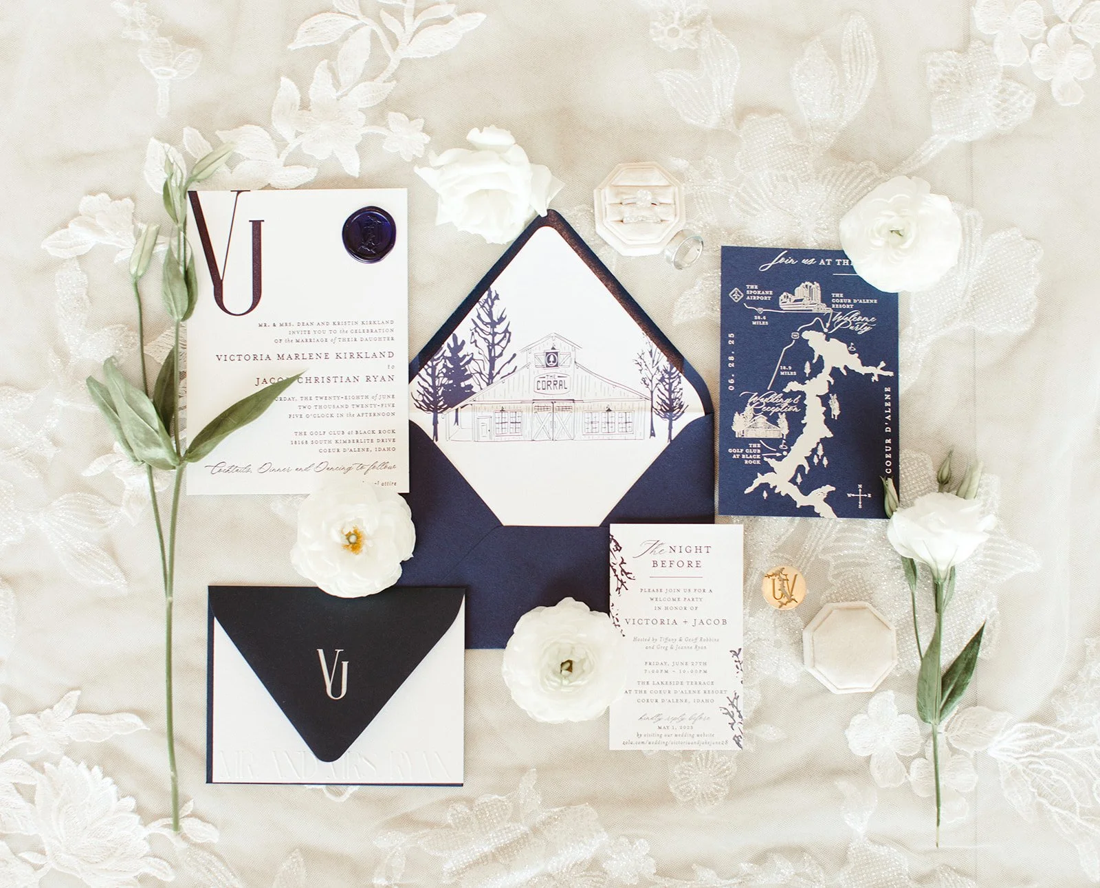 Elegant Invitation Flat Lay – Midnight Blue and White Wedding Suite