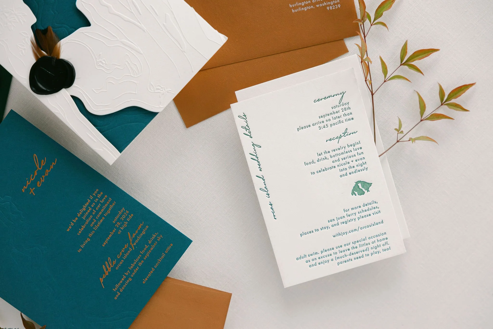 Wedding stationery suite in teal, copper, and white
