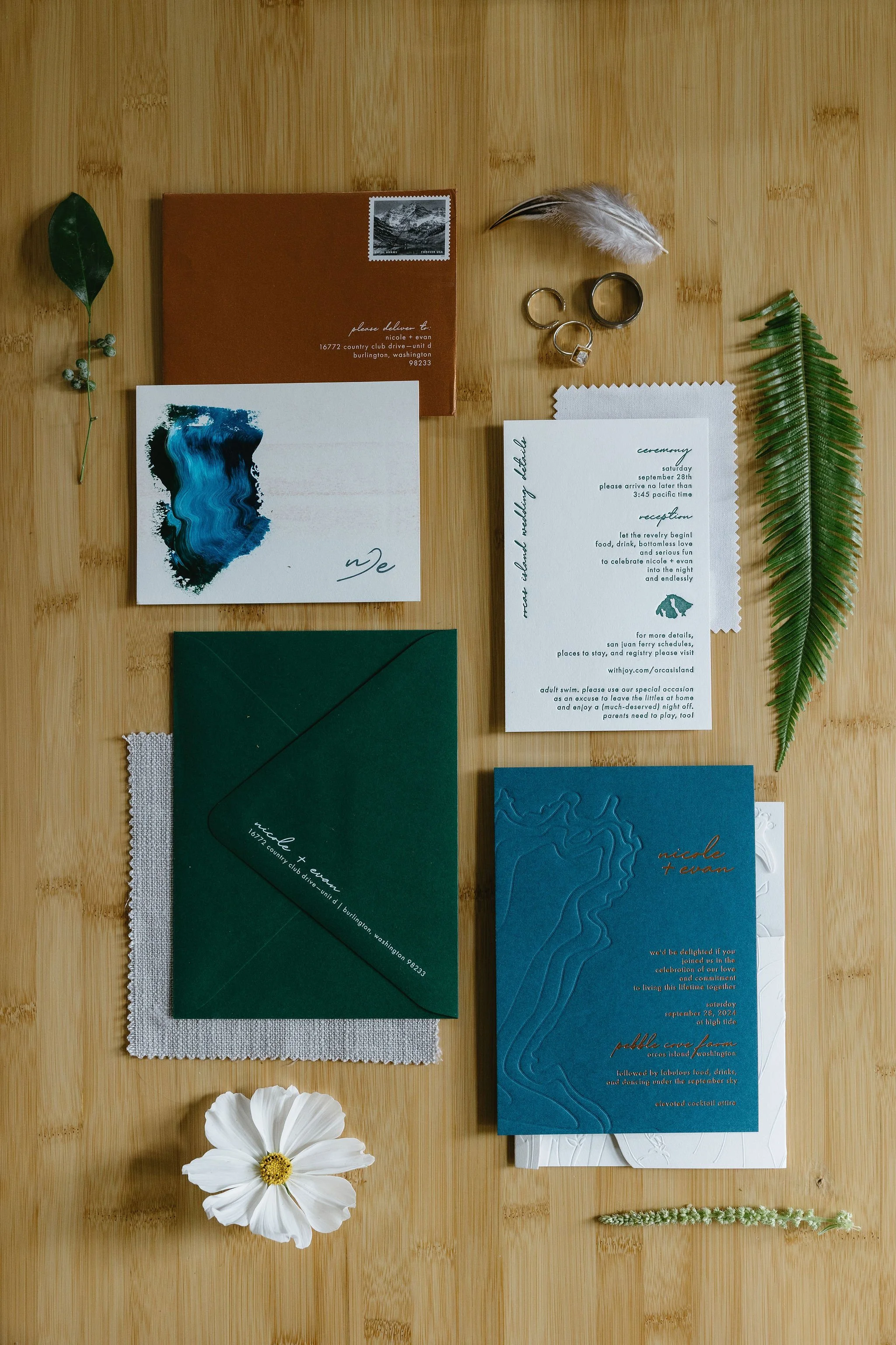 Flat lay of wedding stationery