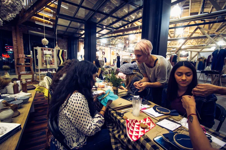 Sara Flate teaching basic embroidery at Urban Outfitters in Los Angeles. 