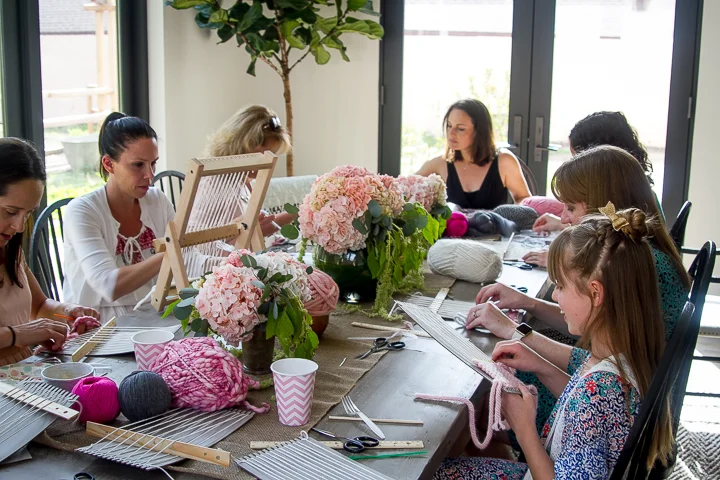  Pictured: Bridal Shower/Bachelorette Weaving Workshop. Everyone works on their own weaving and then collaborate on a larger loom to make a collaborative piece for the guest of honor.&nbsp; 