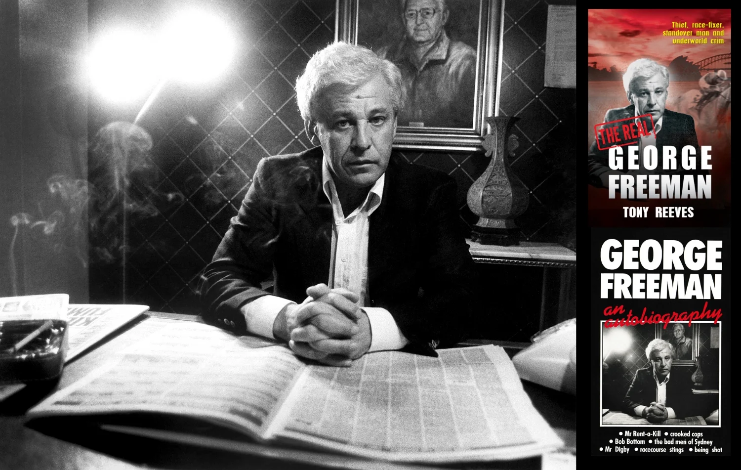 George Freeman/former colourful Sydney identity with two books covers featuring this portrait