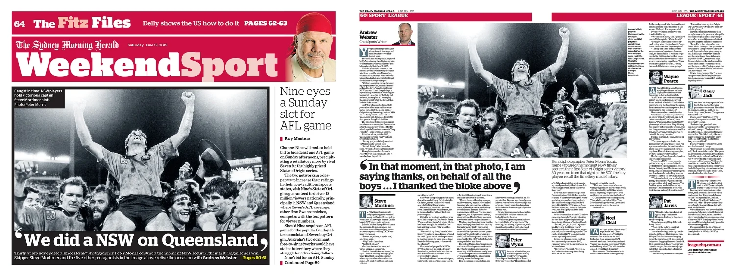 Sydney Morning Herald/Back page and inside back page celebrating NSW's first State of Origin win in 1985