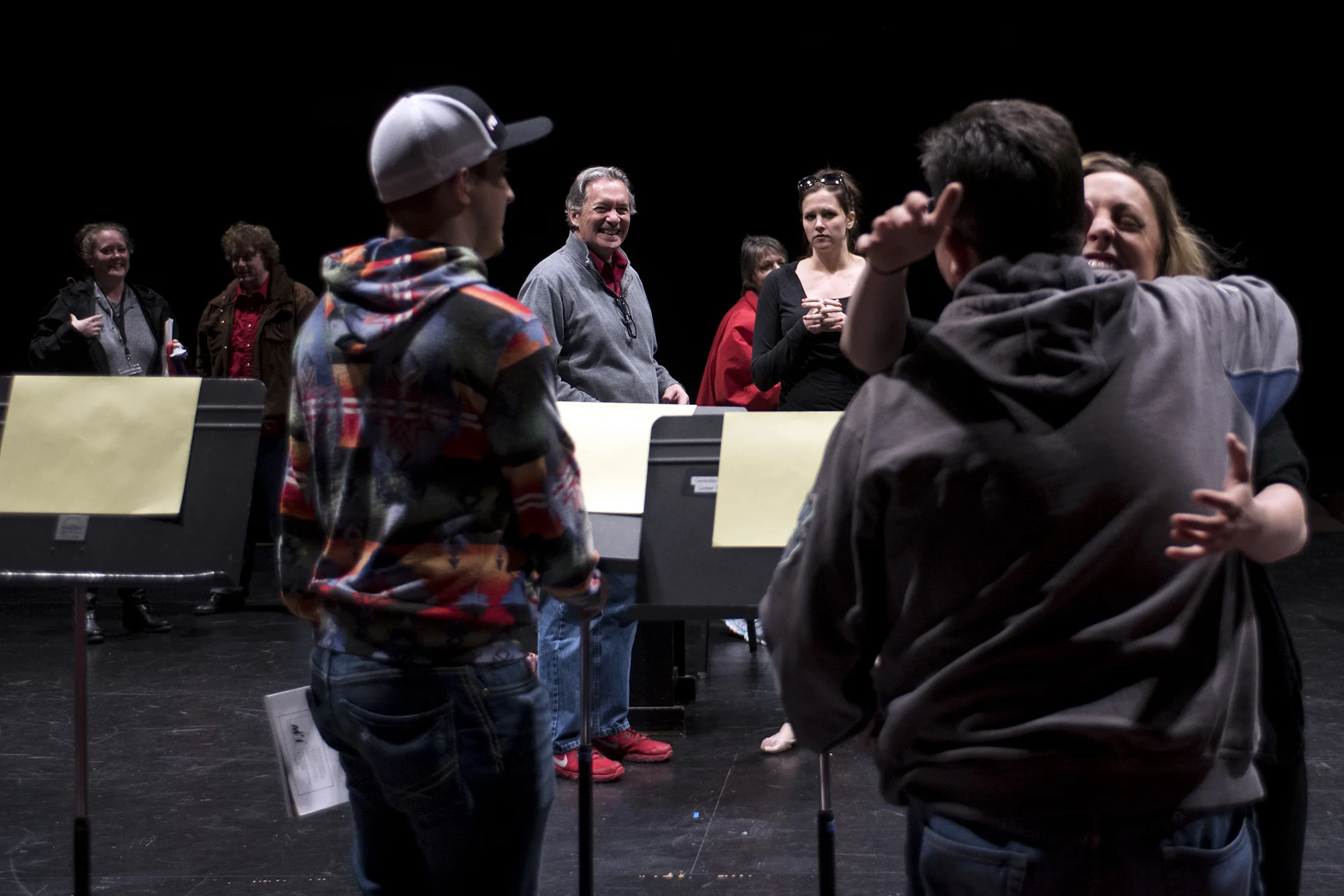  Centralia College drama professor Brian Tyrrell, center, looks on as his daughter, Megan Tyrrell, the lead of the play, greet Jack Arend, on the first day of rehearsal for "Once on This Island" on Monday, April 4. "The first rehearsal is like the fi