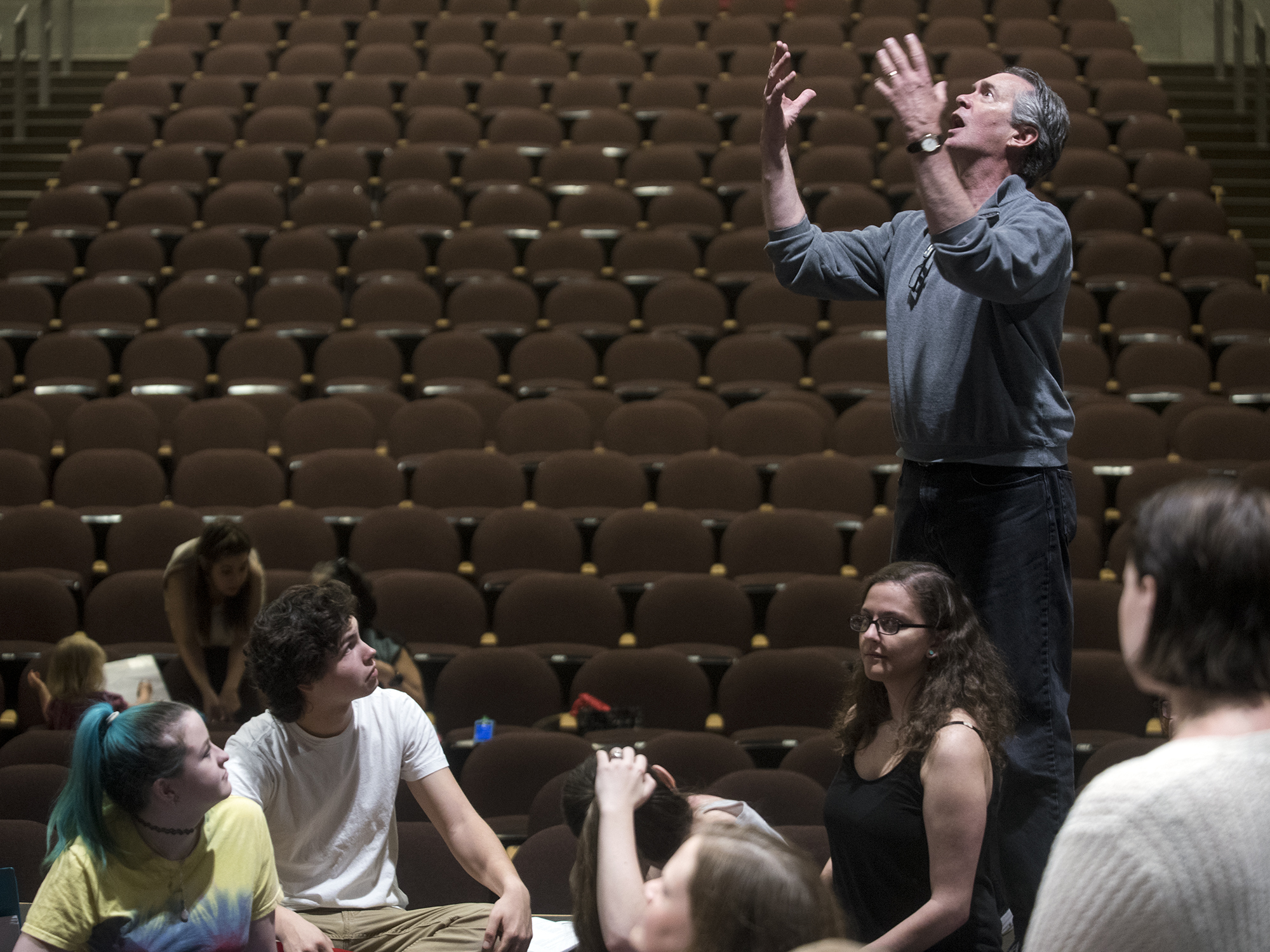  During a rehearsal of the emotional nadir of "Once on This Island" Tyrrell urges the actors to look inside themselves to find a place where they can recall sorrow. "There is no one way to get there," said Tyrrell, who stressed to the cast about find