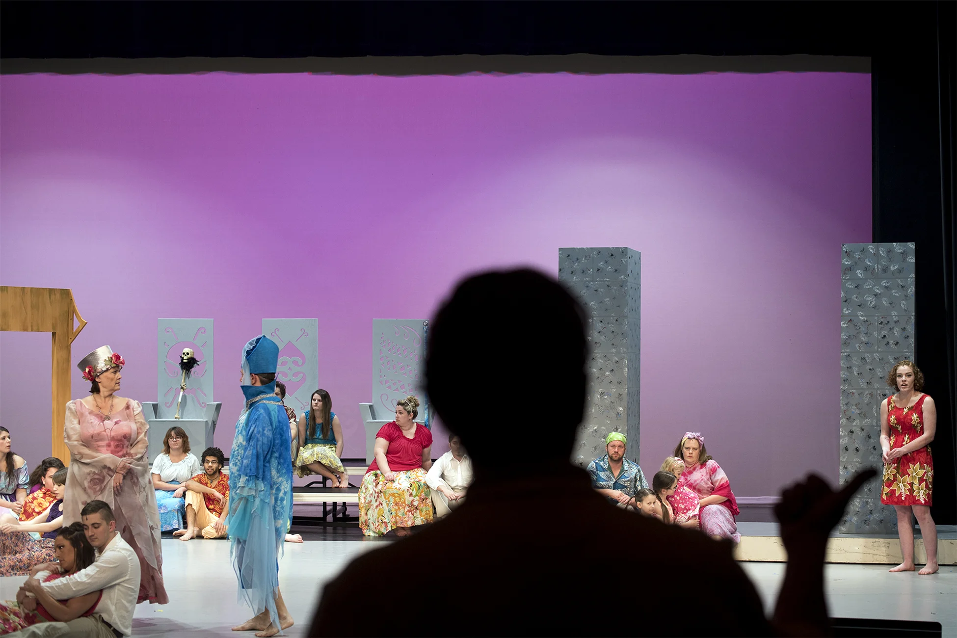  As the cast of "Once on This Island" sits in place, Tyrrell goes over the details of a scene with Paige Flock, playing the role of Andrea, during a rehearsal on Monday, May 9 three days before the show begins. Until the moment the curtain was raised
