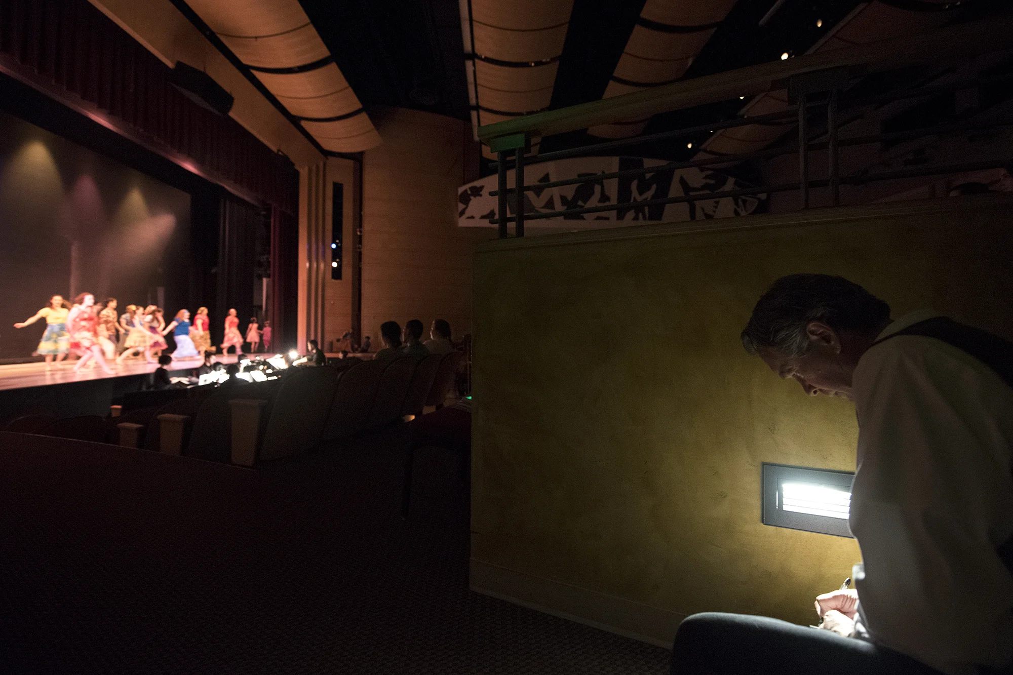  Tyrrell takes notes during the first performance of "Once on This Island" on Thurdsay, May 12 at the Corbet Theatre in Centralia. Once the show's run begins Tyrrell admitted the rarely makes any changes to it. "I only write notes down if absolutely 