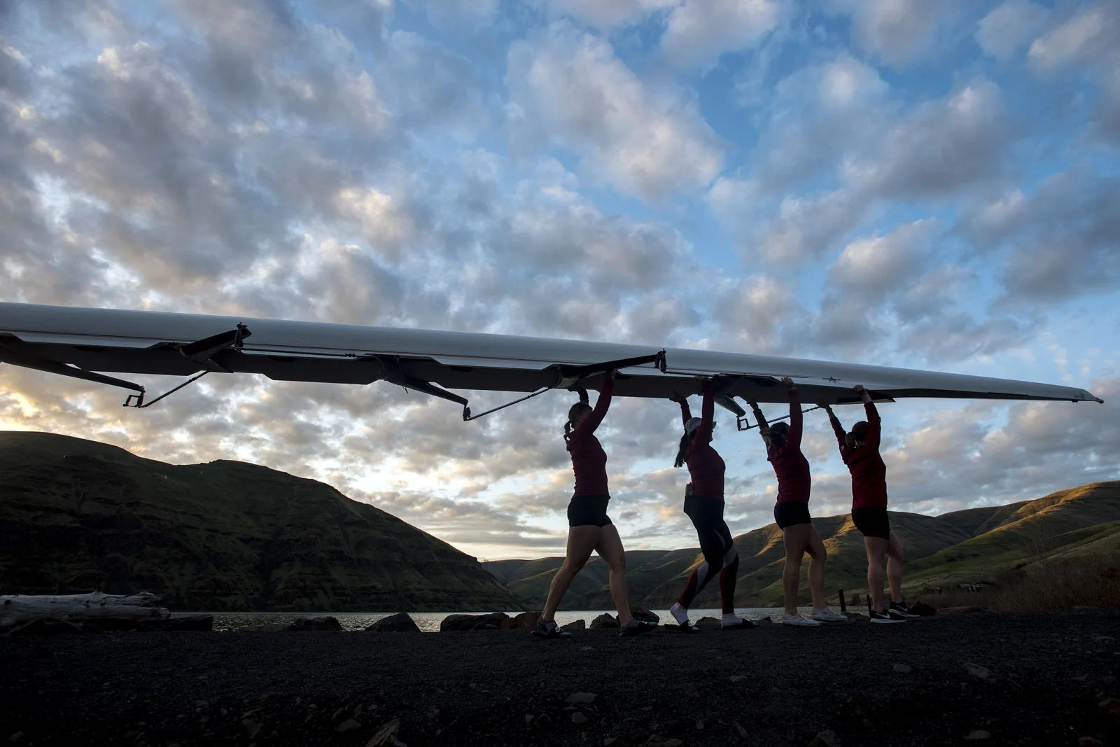 An Oregon State novice crew team takes its boat out the Snake River at Wawawai Landing after competing against Washington State in the Crawford Perpetual Plate on Friday, April 6, 2018.
