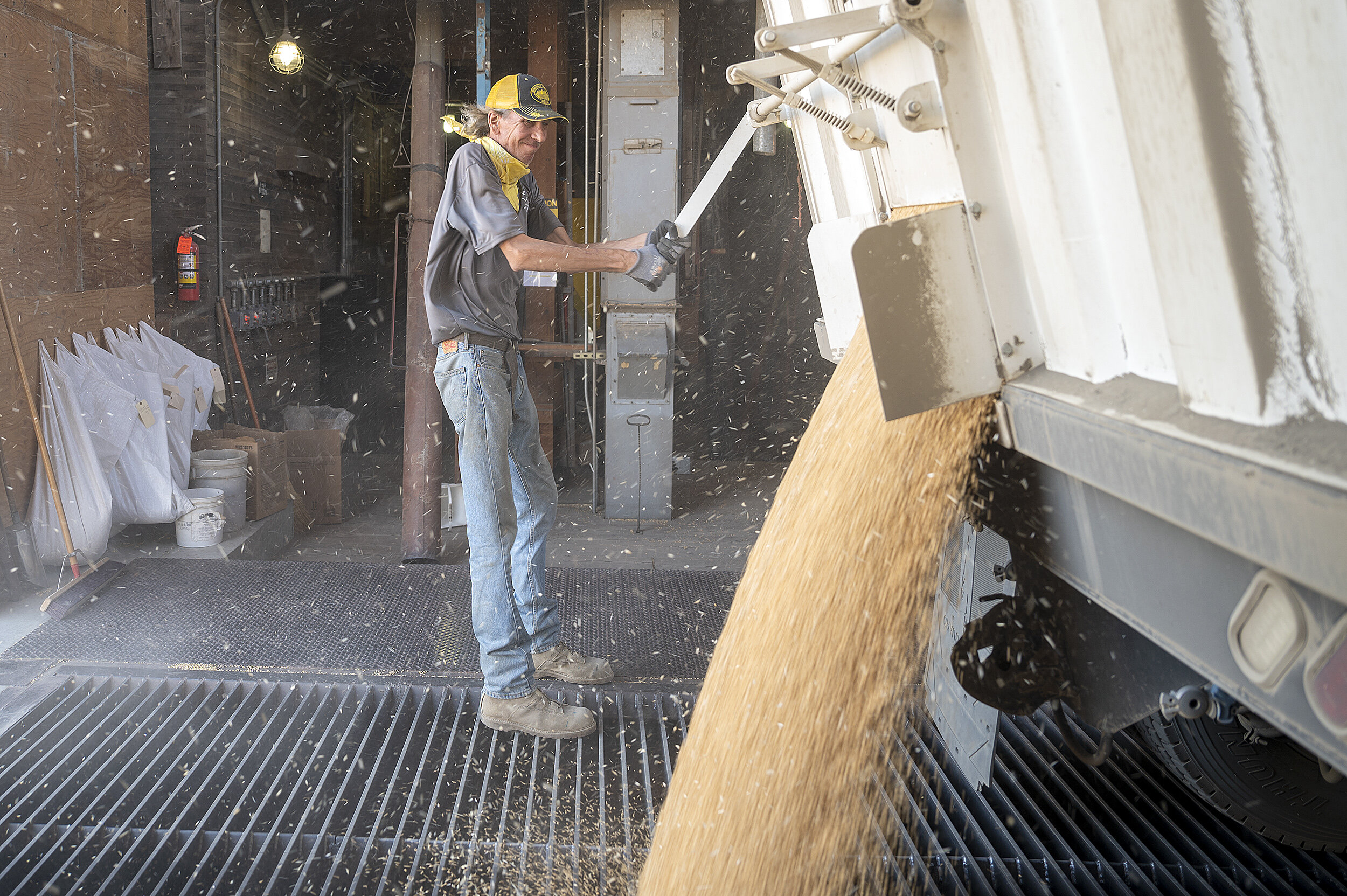  The wind picks up as it passes through the Leon elevator while he unloads grain from Barb Kinzer’s truck on Wednesday, Sept. 2, 2020. 