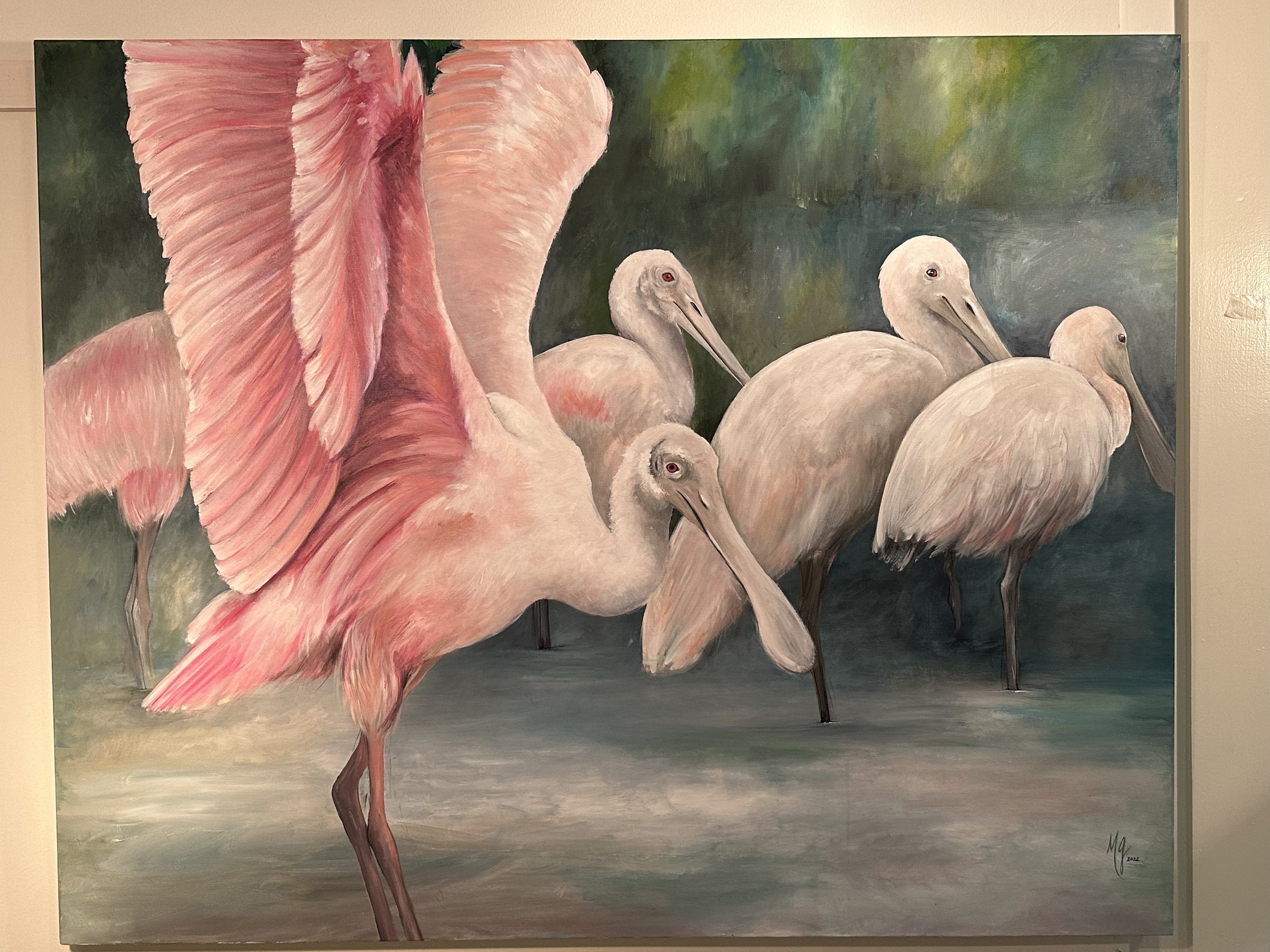  “Pretty in Pink” - Roseate Spoonbills     36” x 48”    Acrylic on canvas    Commissioned for a living room in Roswell, GA  