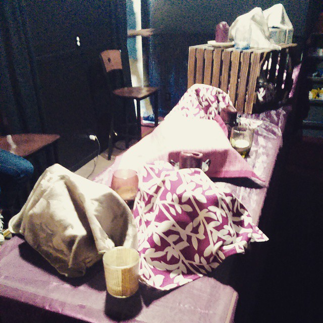 Communion under wraps on the back table.
