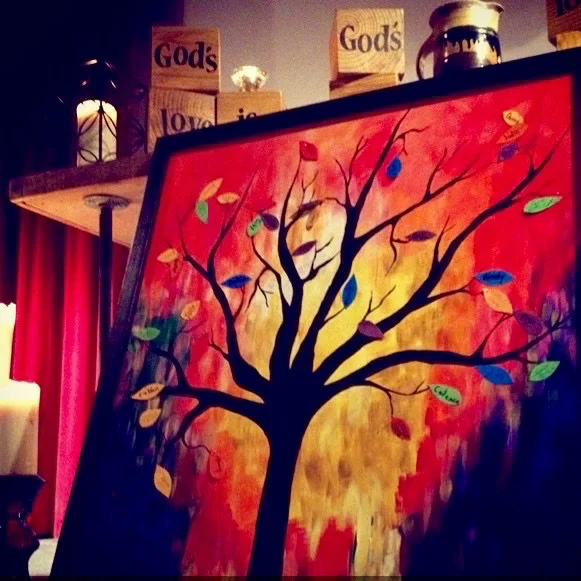 Our "family-of-choice tree" from Sunday. We added leaves with our names on them.