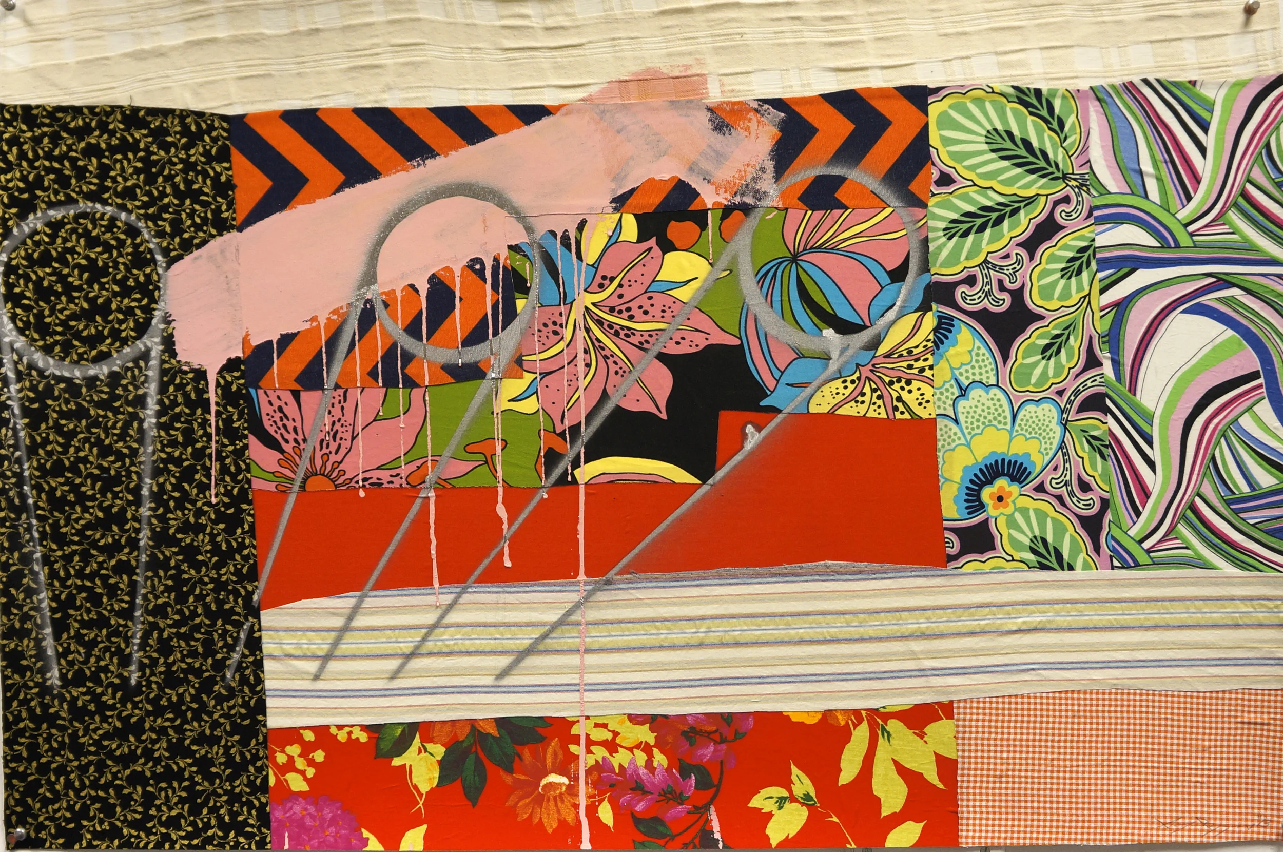 Sanford Biggers Study #17 (No Ordinary Day), 2013 Assorted textiles, latex paint, spray paint on archival paper 24" x 36" Retail Value: $12,000 Opening Bid: $6,500