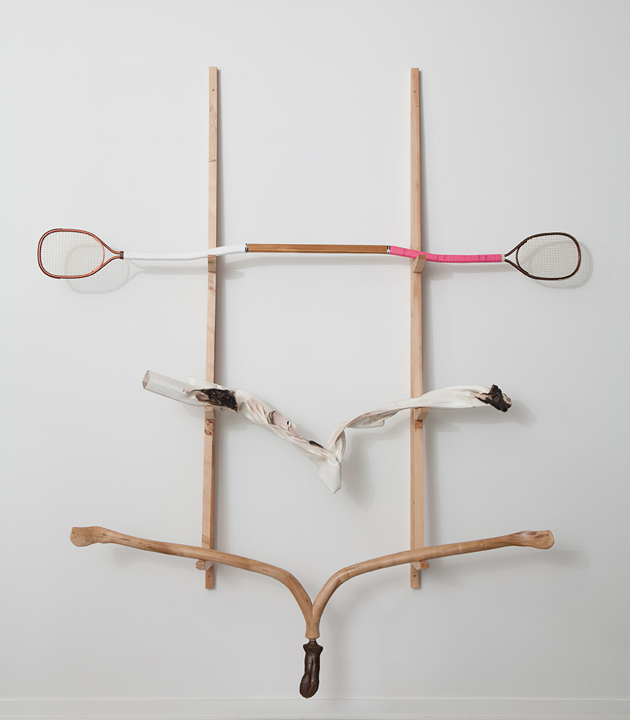    In Search of Water  (top to bottom):&nbsp;   Trying to Paddle Upcourt , 2013.&nbsp;  Racquetball racquets, cedar, grip tape;&nbsp;  Morphology of Flow  , 2013.&nbsp;  Vinyl downspout;&nbsp;  The Divining Tongue  , 2013.&nbsp;  Maple, cast bronze. 