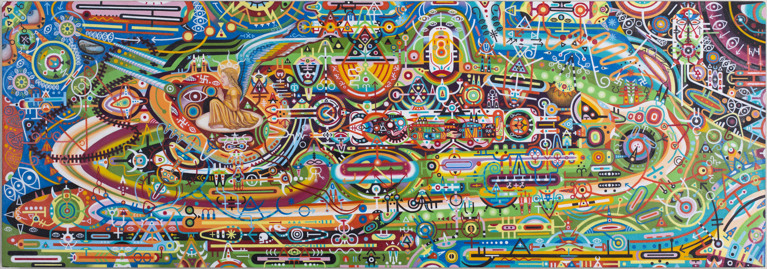  Shawn Thornton,  Brahmastra For a New Age (UFO/Time Machine) , 2010-2013, 9” x 27”, Oil on panel. 