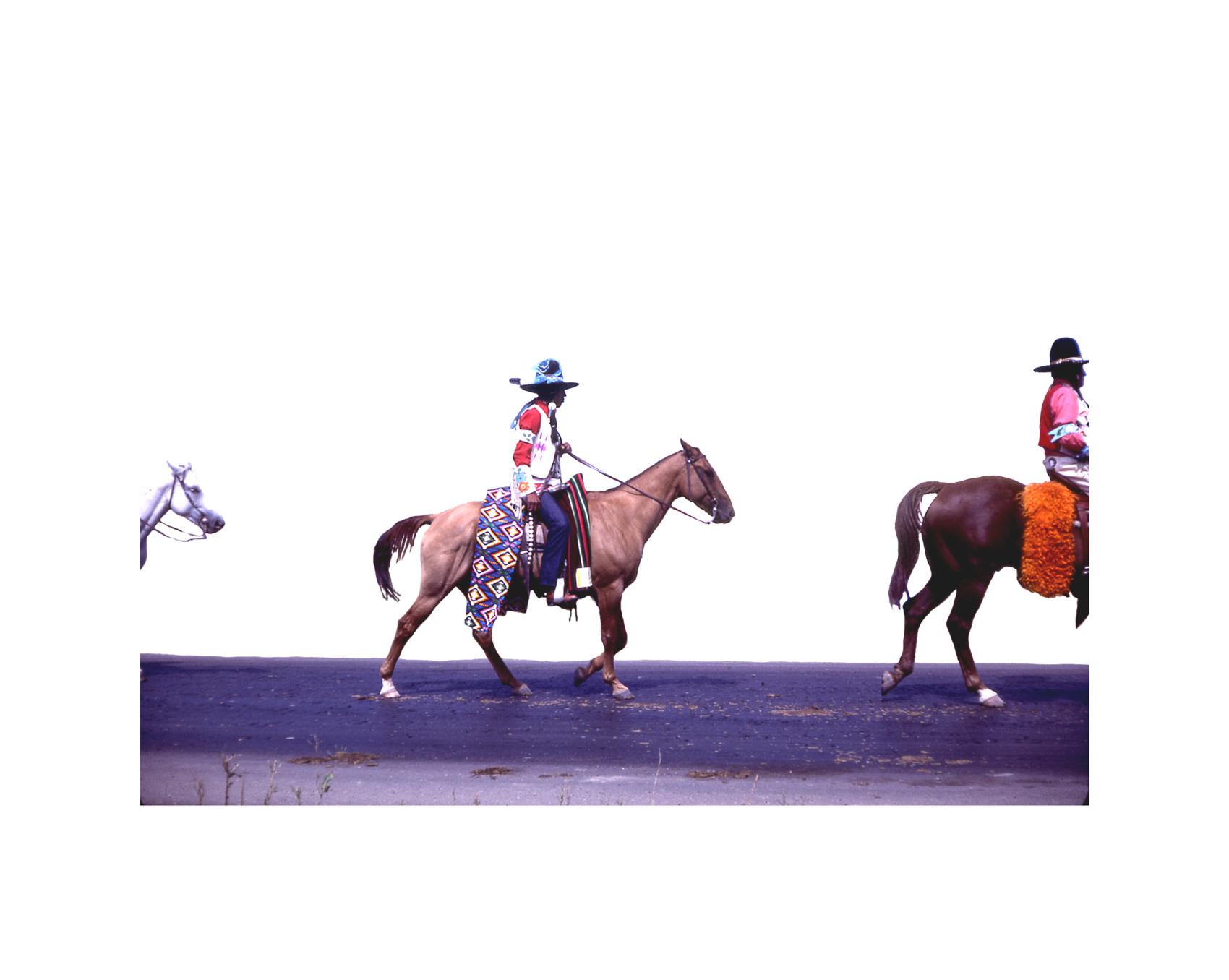  Wendy Red Star,  Rez Hats , 2014, slide of Crow Fair parade at Crow Agency in the 1970s, archival pigment print. 