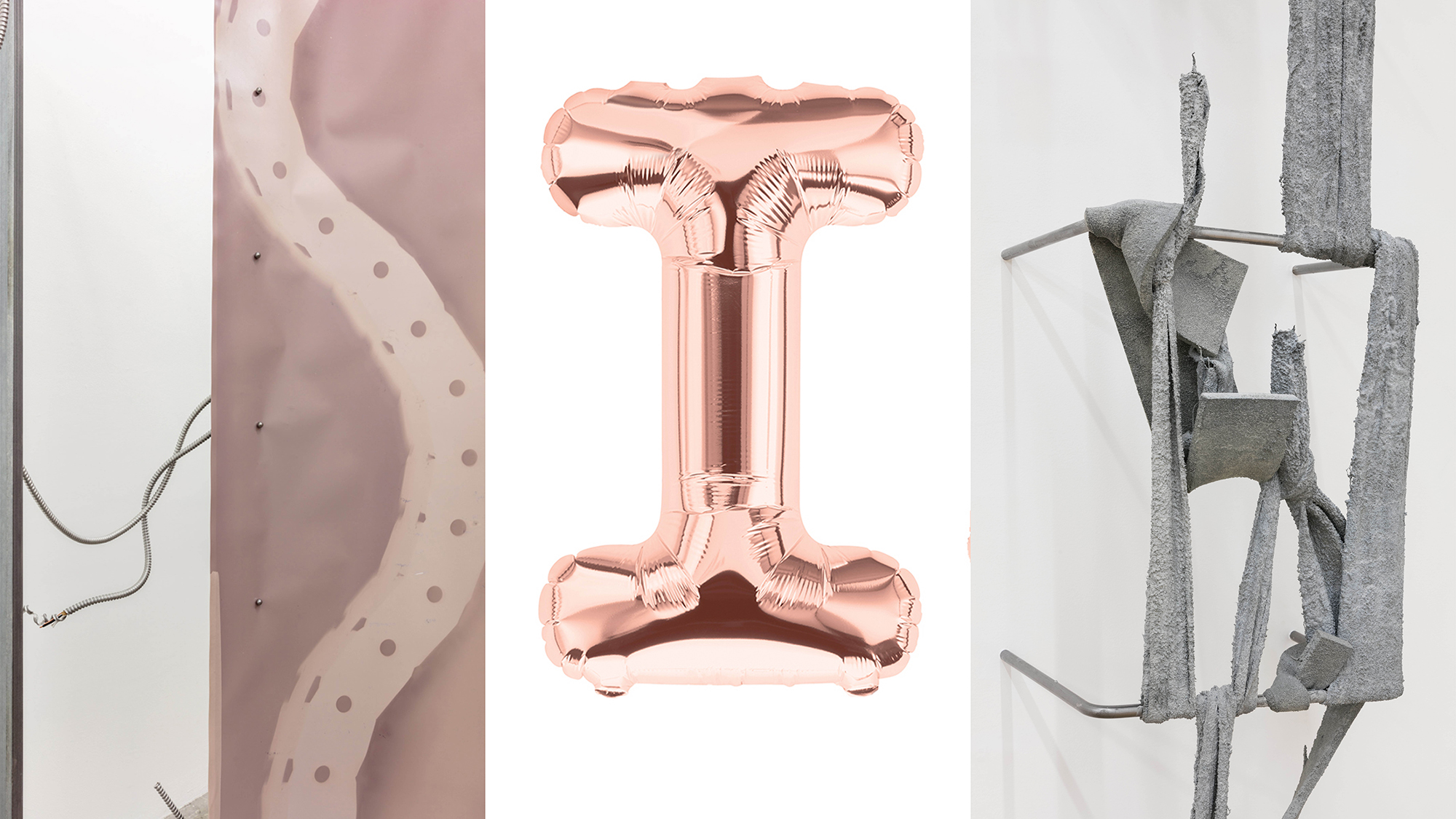 Details of: Laurie Kang, Channeller , 2019, steel, conduit, airline cable, unfixed and unprocessed photographic paper and darkroom chemicals (continually sensitive), duratrans, magnets, hardware, dimensions variable; Amanda Turner Pohan, io or IO or 1 0 or a slow leak (detail), 2019, metallic bronze alphabet balloons, helium, monofilament wire, 36 x 40 x 6 inches; Nikita Gale, FIXED LOOP I , 2018, concrete, polyurethane foam, terrycloth, steel, 115 × 22 × 13 inches.