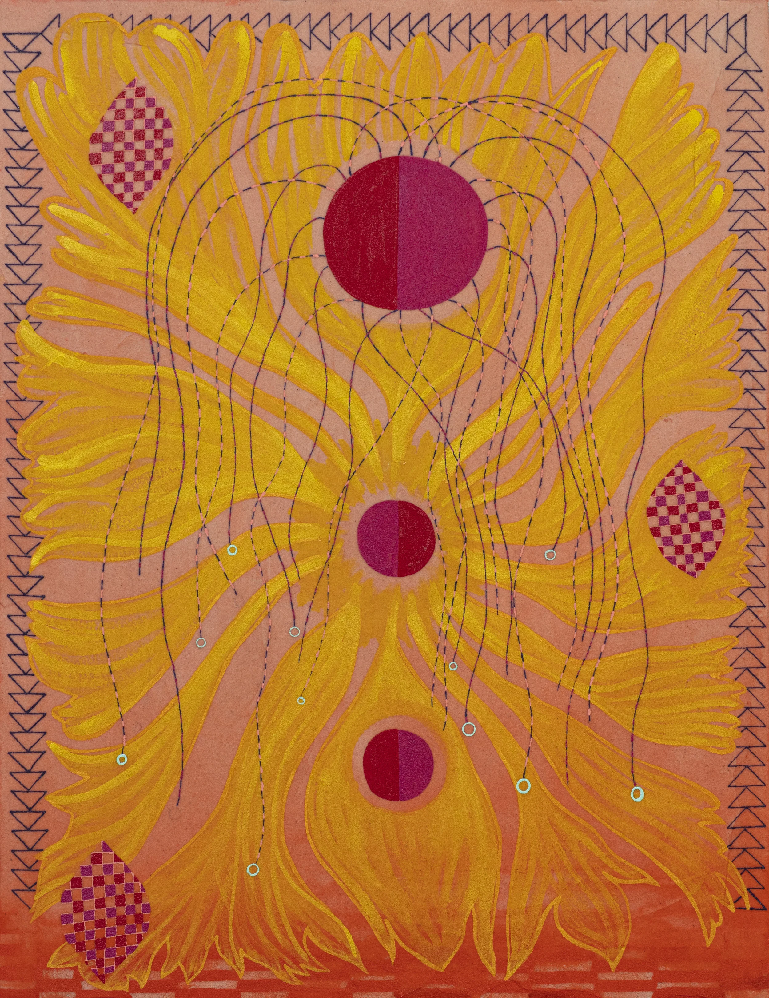 Three red circles going down the middle of the orange canvas; the center circle has yellow petal-like forms that reach out to the edge of the canvas. The artist painted threads coming from the uppermost circle which is bigger than the other two circles below it. Three leaves that are checkered using the background color and two shades of red are spread throughout the canvas.
