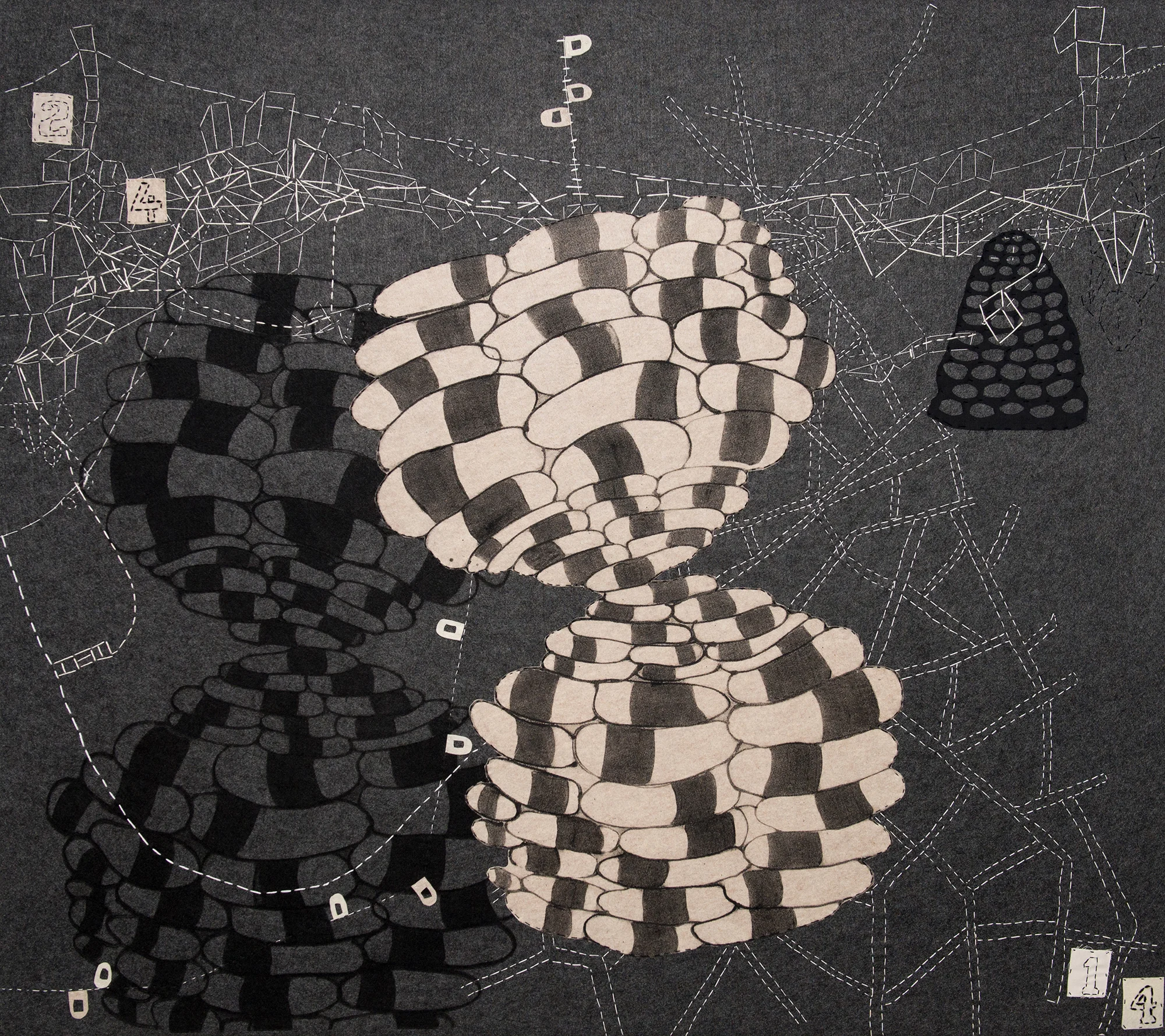 Sarah Amos, 39 Shillings , 2014. Collagraph and thread on felt 73 x 65 inches.