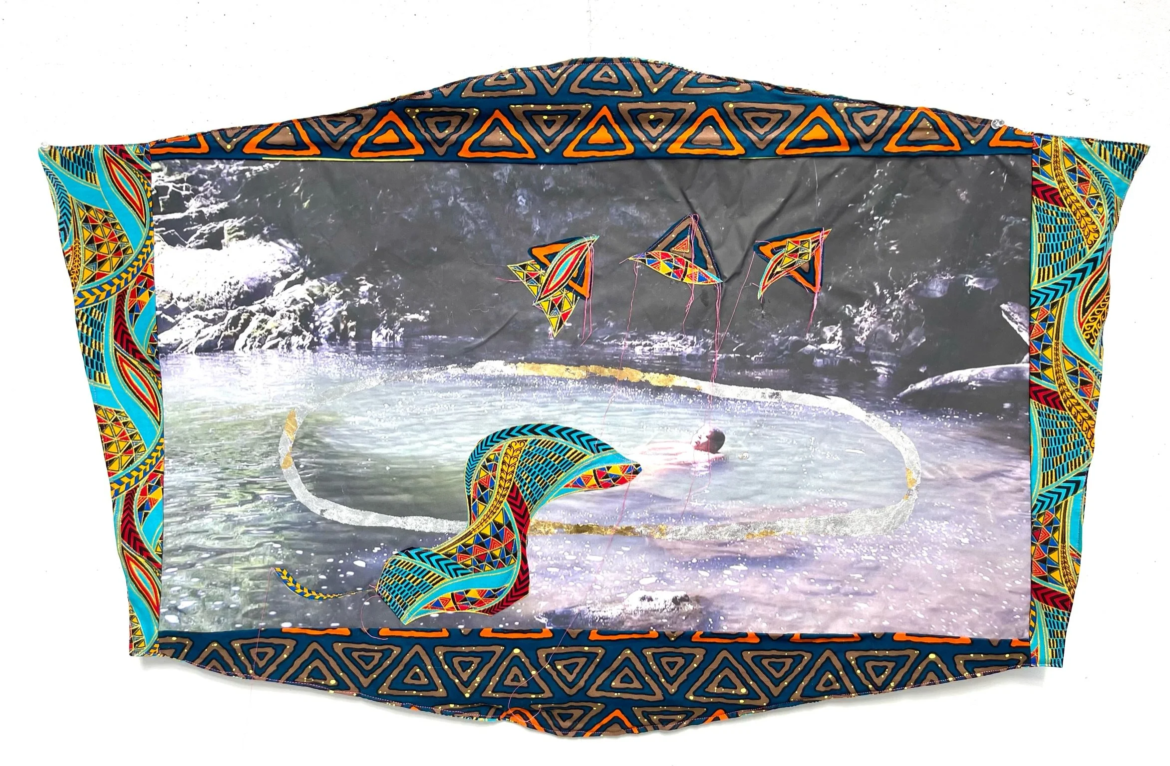  Drexciya,  2021; Photo print on fabric, fabric, and metal leaf; 35 x 24 inches. Photo courtesy the artist. 