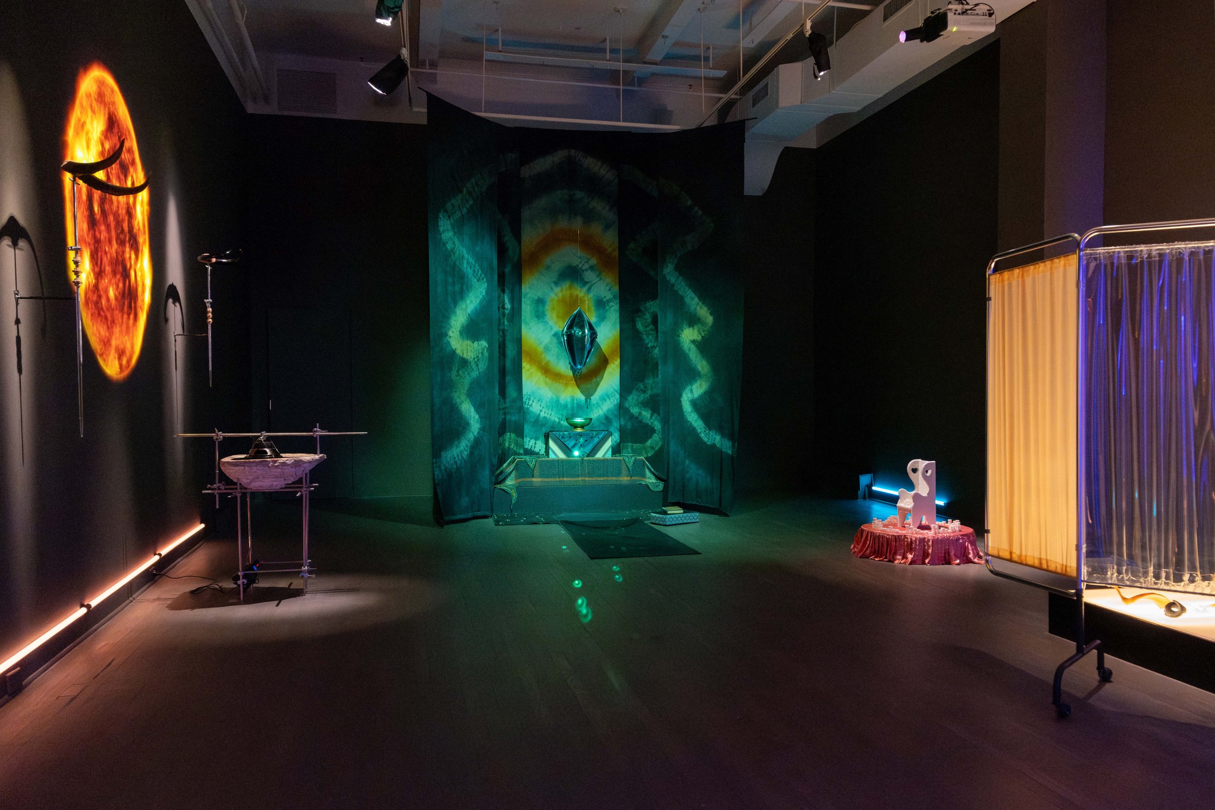  Installation view of  The Bride Has Gone to Pick Flowers , curated by Lila Nazemian with works by Levon Kafafian, Fatemeh Kazemi, and Levani, 2025. Photo by Leo Ng. 