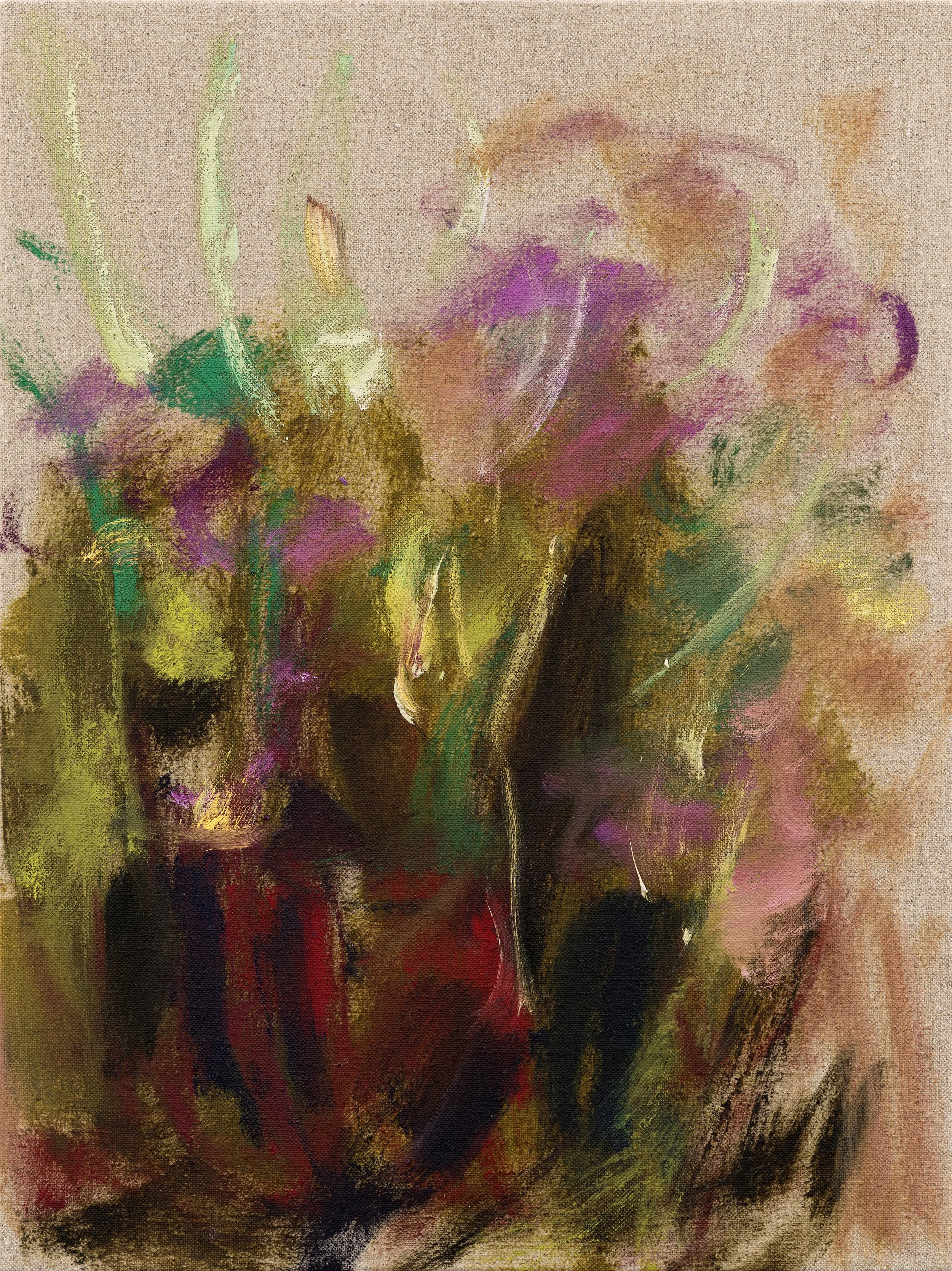   Between my fingers, bushes grow , 2026; Oil on linen; 16 × 12 inches 