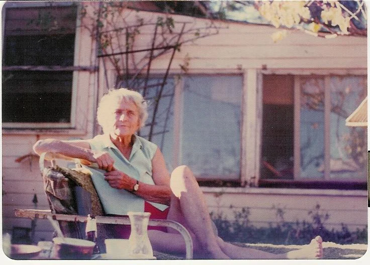 AGNES BARON in the late 1970s on a summer day sitting in front of the main house where she lived. (Sam Ervin photo, 1970s.)