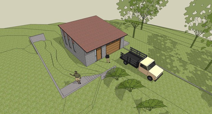 THE WORKSHOP to be built on the site of the original garage and farmhouse with concrete blocks and a steel roof. Large doors on both sides provide easy access. (Byron Pinckert conceptual drawing.)