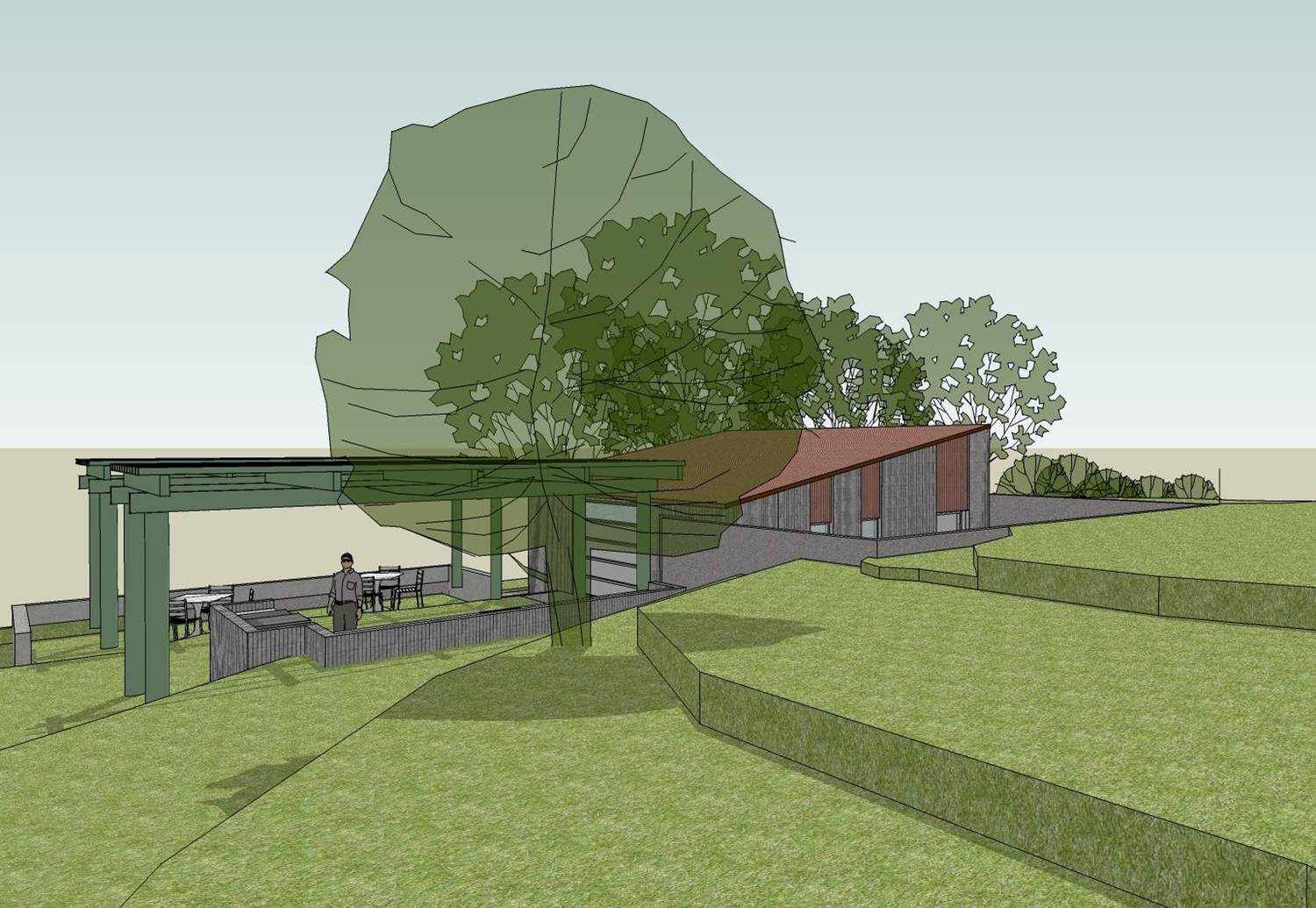 THE TOPA TOPA PATIO is adjacent to the Workshop providing an ideal spot to take advantage of the views plus the practical consideration of storage and electricity provided by the Workshop. (Byron Pinckert conceptual drawing.)