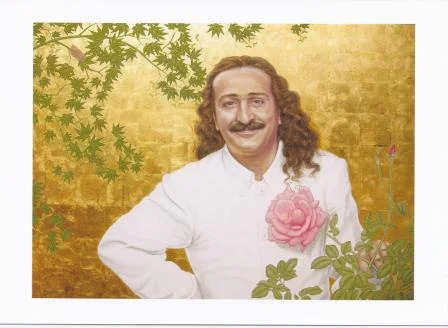 The painting is "Baba and Pink Rose" by Tony Davis, part of the Sufism Reoriented Collection. The painting was reproduced on the thank you card Khaled Alfaqih sent to Meher Mount.