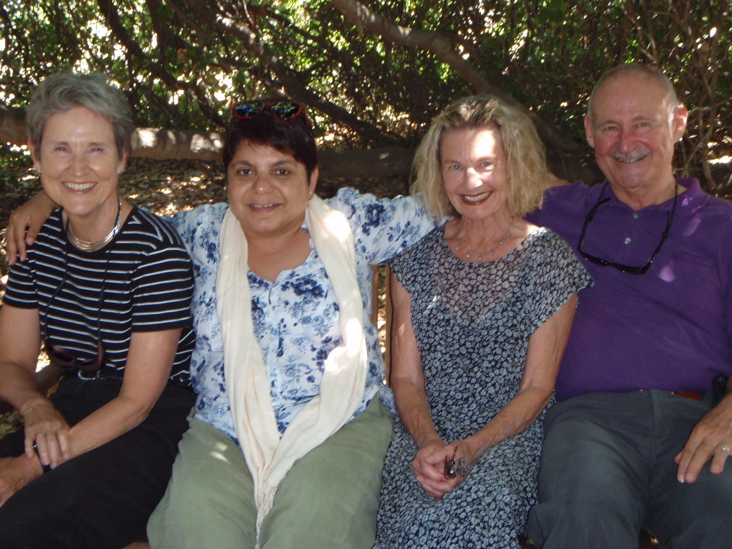 Margaret Magnus, Mehera Arjani, Maureen Lehman, and Sam Ervin under Baba's Tree during Mehera's 2014 visit. (Marta Flores photo, 2014.)