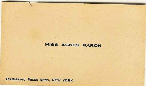 THE BUSINESS CARD for Agnes Baron when she was a journalist in Europe and the Middle East in the 1930s/1940s. (Document Scan).
