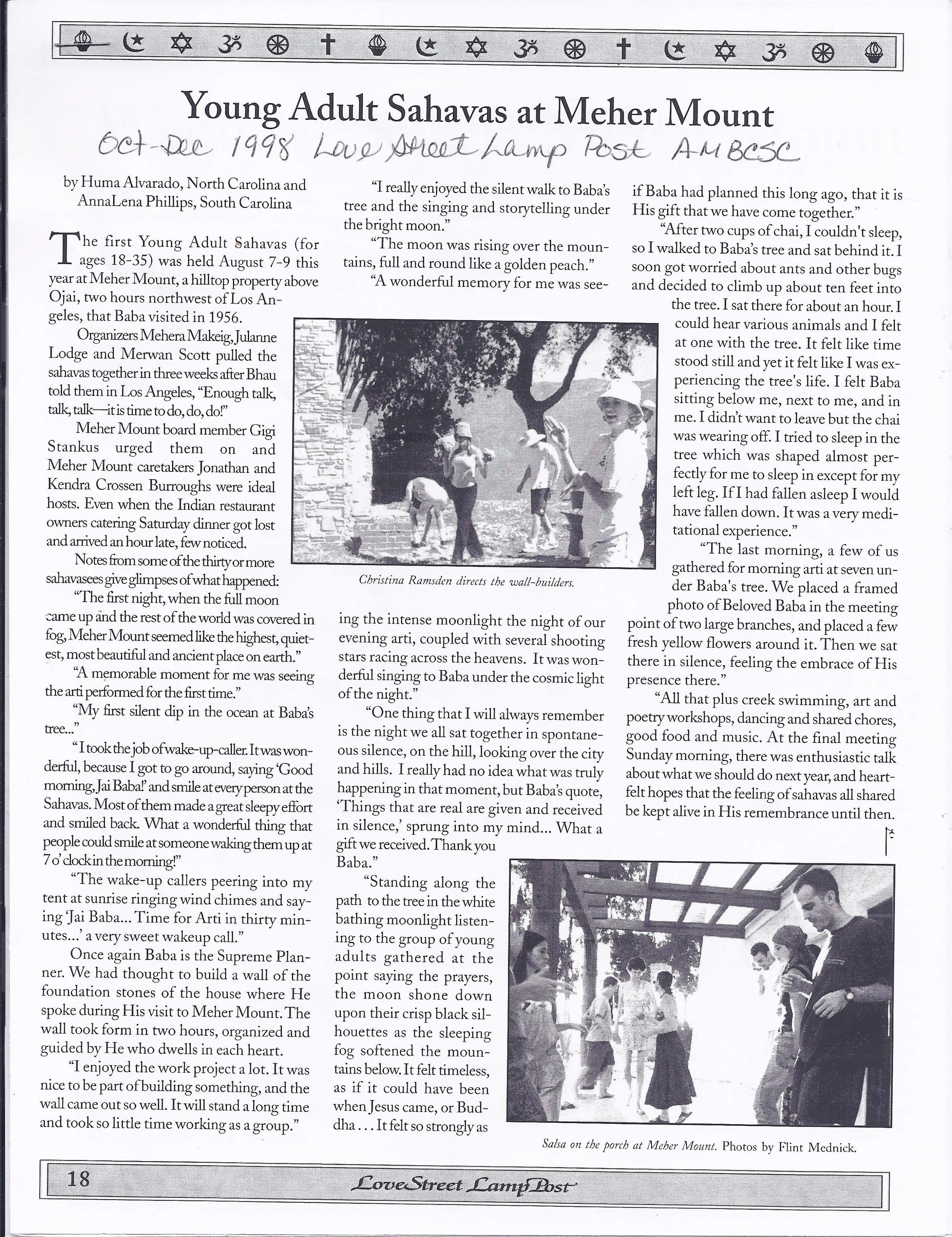 THE YOUNG ADULT SAHAVAS was August 7-9, 1998. Photos in the original article were taken by Flint Mednick and show some of the activities of the gathering.