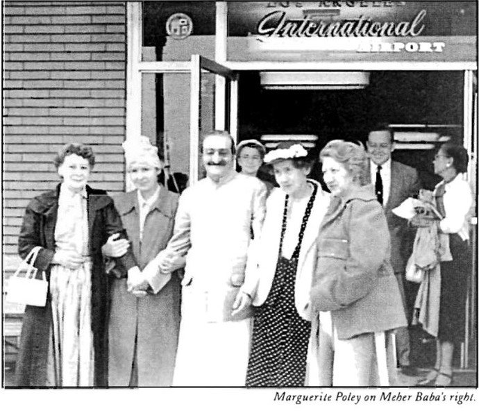 AVATAR MEHER BABA at the Los Angeles International Airport on July 31, 1956. Marguerite Poley is next to Meher Baba in the headscarf. To her right is Gladys Carr. On Meher Baba's left are Ruth White and Hilda Fuchs. (Photo: Love Street Lamp Post , 1st Quarter, 1988. Used with permission.)
