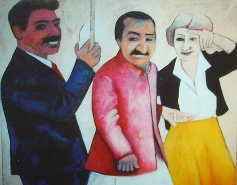 AVATAR MEHER BABA at Meher Mount with Eruch Jessawala and Agnes Baron. Painted in 2000 by Karl Gallagher (1943-2016). (c)2009