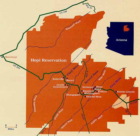 THE HOPI RESERVATION is approximately 1.5 million acres surrounded by the Navajo Reservation in northeastern Arizona. (Map: Crystalinks .)