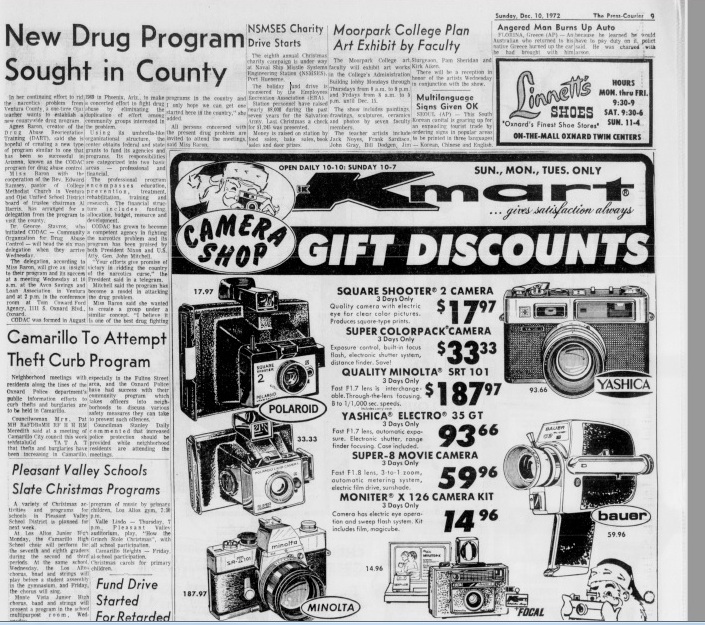 NEWS ARTICLE, "New Drug Program Sought in County," from The Press-Courier (Oxnard, CA) on Sunday, December 10, 1972, about a drug program in Arizona of interest to Agnes Baron.