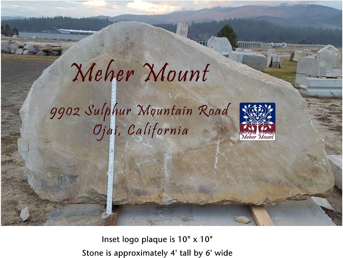 THE STONE FOR THE GATEWAY sign with the letters and logo superimposed on it for layout purposes. This is the gateway sign in progress at the stone yard of Stonehenge Signs in Quincy, CA. (Photo: Rob Conover, Stonehenge Signs, 2016)