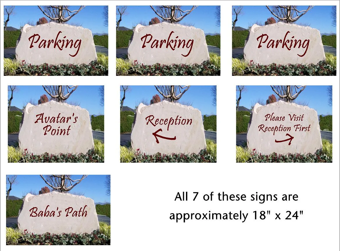 ILLUSTRATIONS of the stone signs that will help guide visitors at Meher Mount. (Artwork: Nancy Pinckert, 2016)