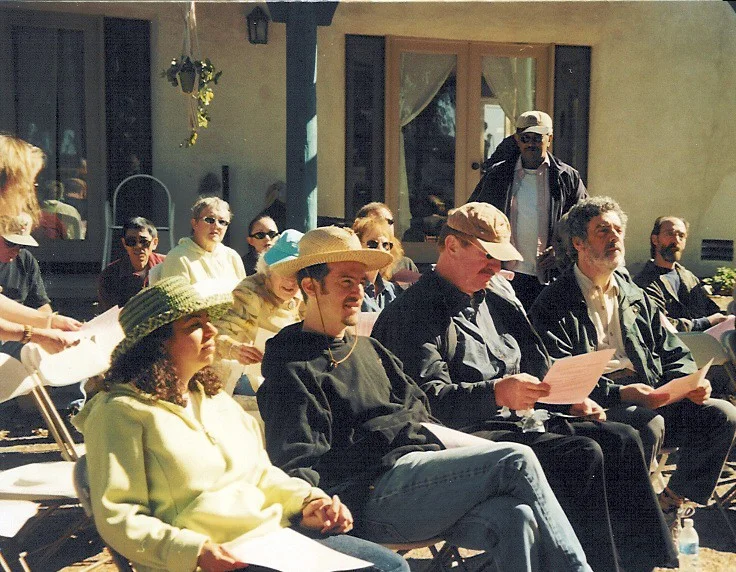 THE 2004 COMMUNITY MEETING kicks off the master planning process at Meher Mount. Pictured are: Payam Ajang Russ, Glenn Russ, Fred Stankus, Len Ceder (former Manager/Caretaker), Suhas Ginde, Kebi Brown, Missy Choi, Rose Choi and Kanji Miyao. (Photo. Sam Ervin, 2004)