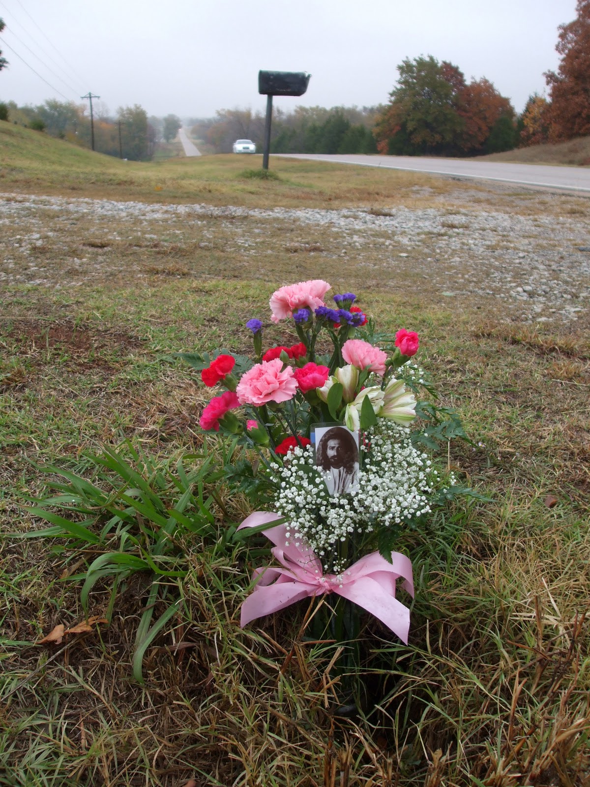 FLOWERS at the site of Avatar Meher Baba's 1952 automobile accident near Prague, OK. 