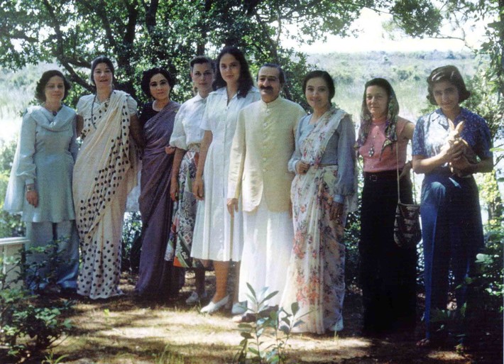 AVATAR MEHER BABA with many of His women followers at the Meher Spiritual Center in Myrtle Beach, SC, in 1952. (Left to right): Adele Wolkin, Filis Frederick, Mani S. Irani (Meher Baba's sister), Rita "Sparkie" Lukes, Charmian Duce Knowles, Meher Baba, Mehera J. Irani, Delia DeLeon, and Meheru Irani. (Photo: Sufism Reoriented)
