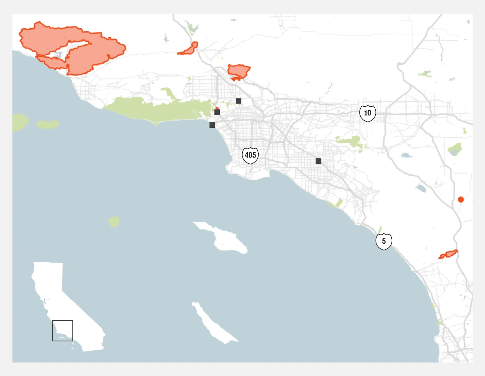 THE THOMAS FIRE, in the upper left-hand corner of the map, has burned more than 230,500 acres and is only 15% contained. As of Monday, December 11, 2017 at 7:00 a.m., 794 structures had been destroyed. CalFire estimates the current firefighting at more than $38 million. The Thomas fire is one of five fires currently burning in Southern California. (Image Source: CNN) 